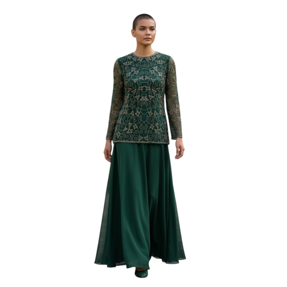 Vintage Niteline by Della Roufogali Women's Green beaded Long sleeve Gown, SZ 16